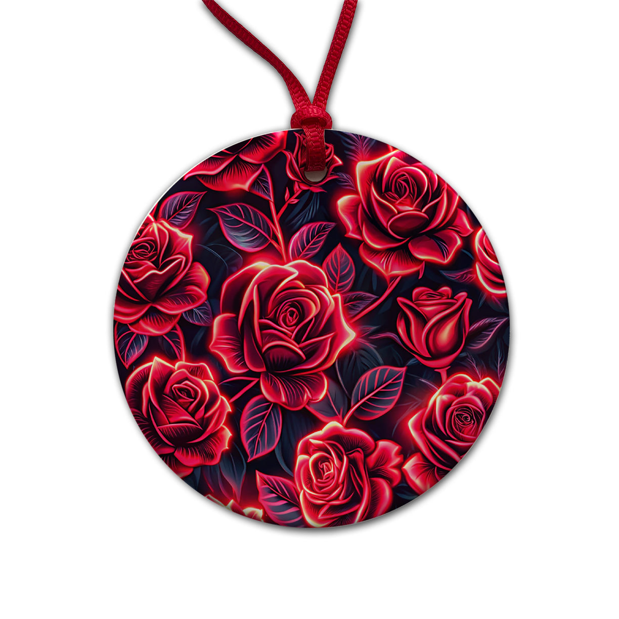 Neon Red Rose Floral Pattern Round Ceramic Holiday Christmas Tree Ornament