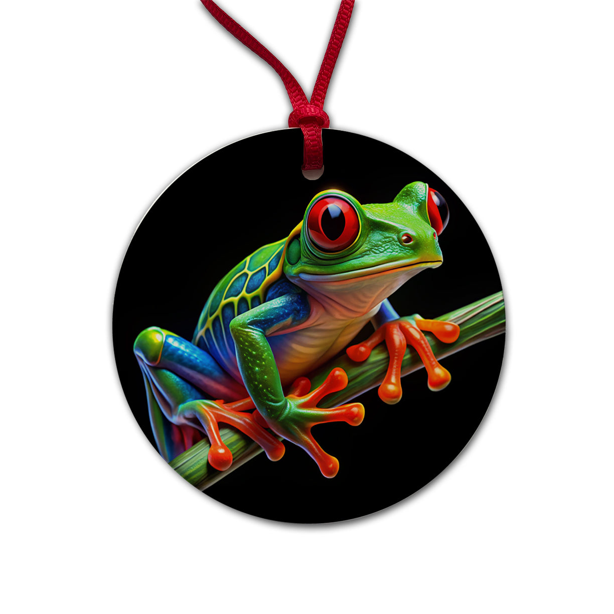 Neon Red-Eyed Tree Frog Round Ceramic Holiday Christmas Tree Ornament