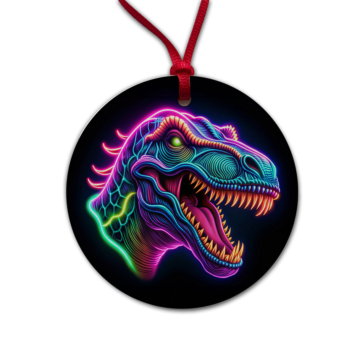 Neon T-Rex Dinosaur Head Round Ceramic Holiday Christmas Tree Ornament