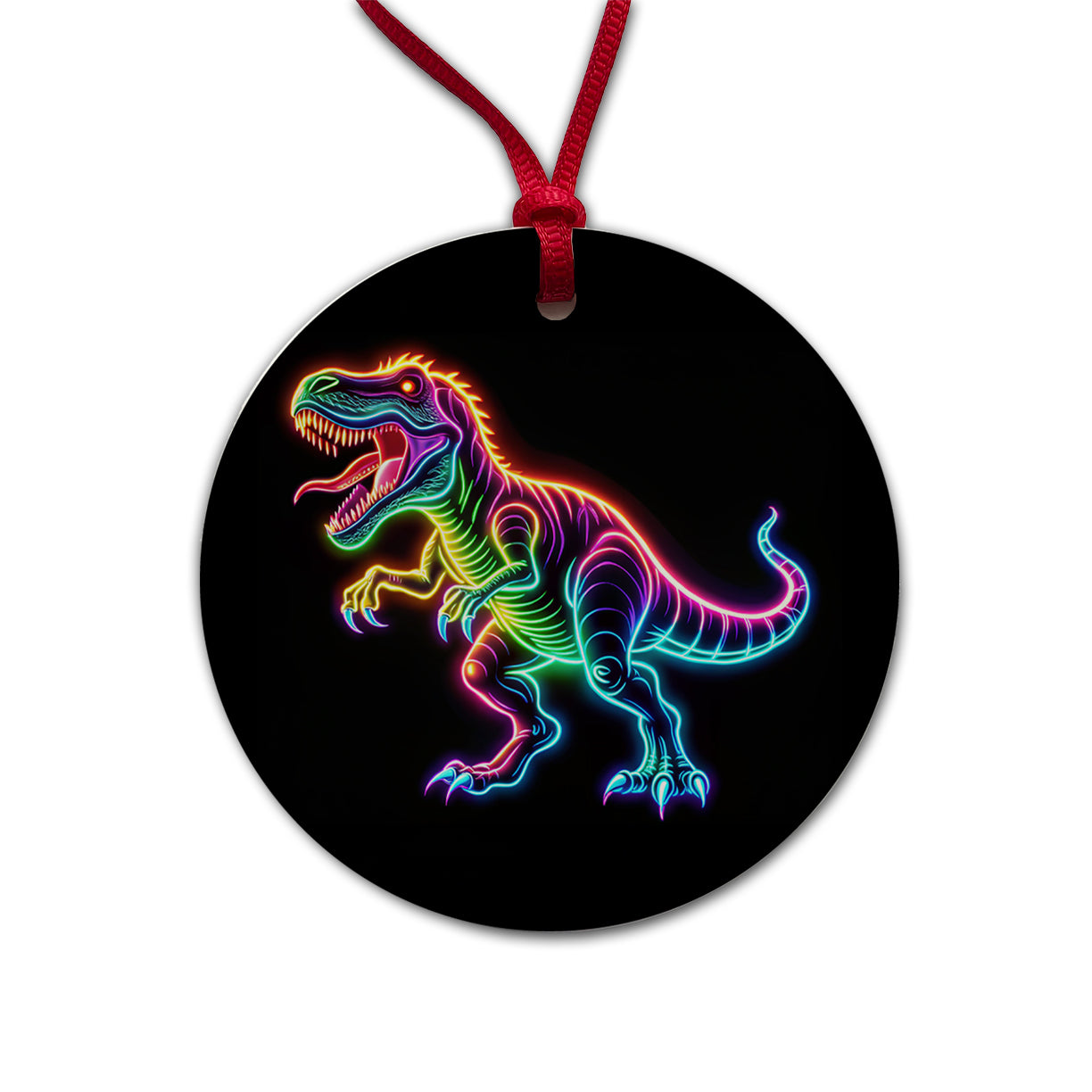 Neon T-Rex Dinosaur Round Ceramic Holiday Christmas Tree Ornament