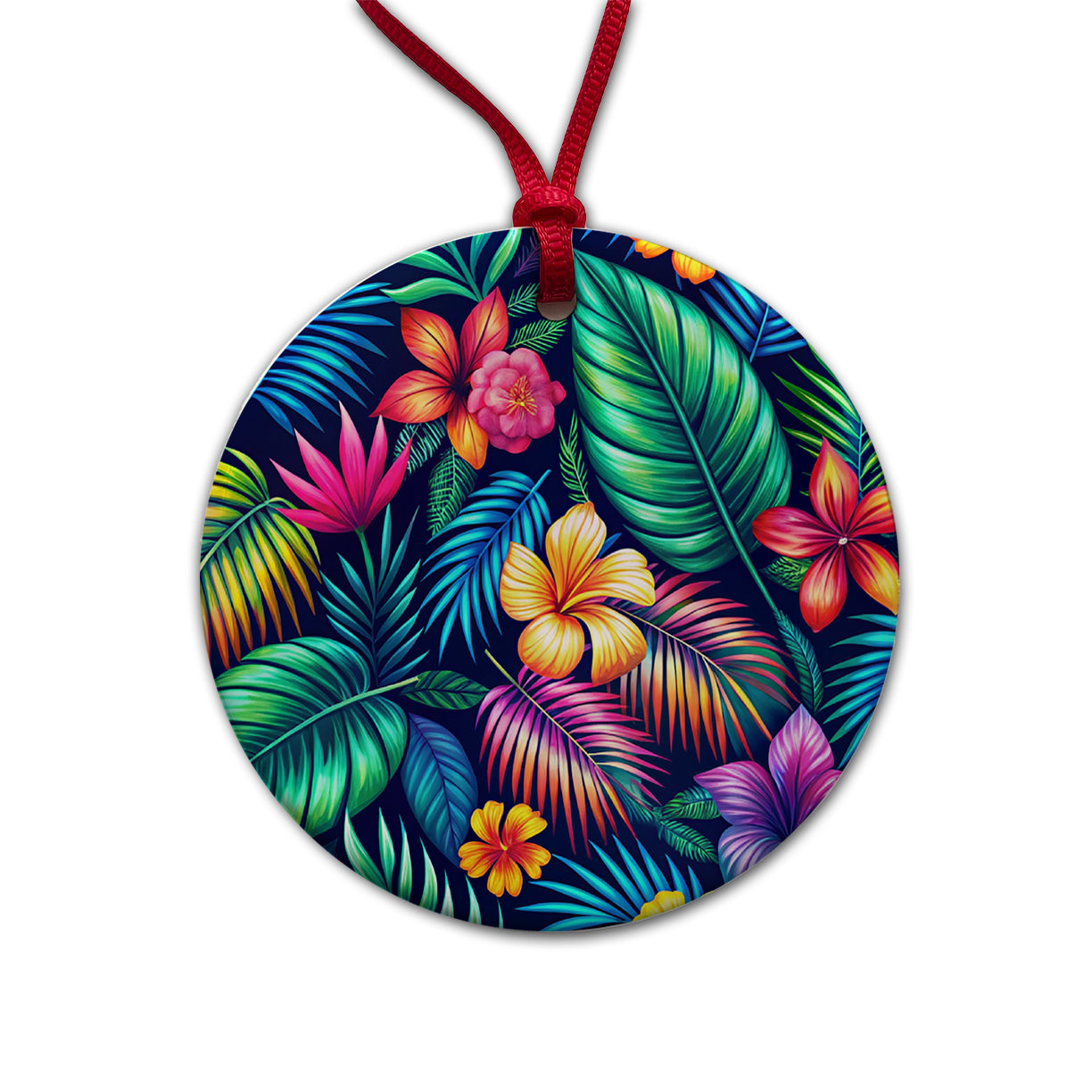 Neon Tropical Floral Pattern Round Ceramic Holiday Christmas Tree Ornament
