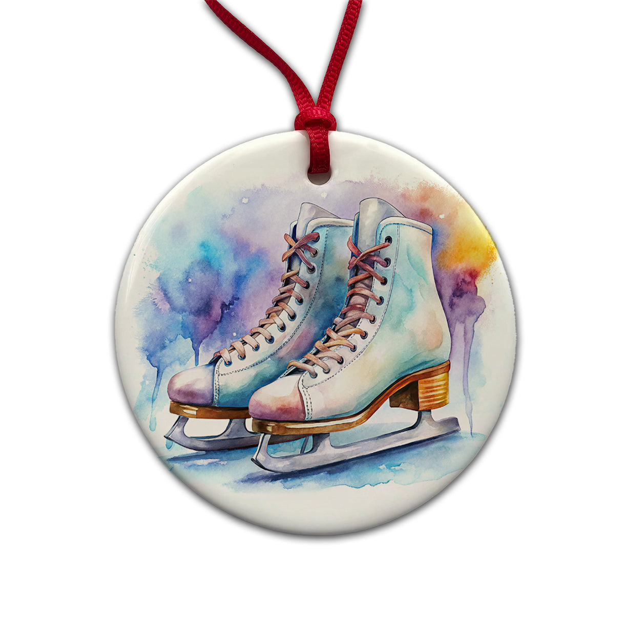 Pair Of Figure Skates Watercolor Round Ceramic Holiday Christmas Tree Ornament