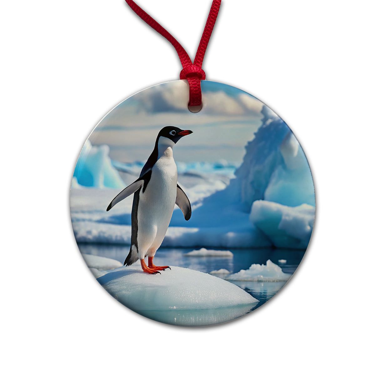 Penguin On Ice Flow Round Ceramic Holiday Christmas Tree Ornament