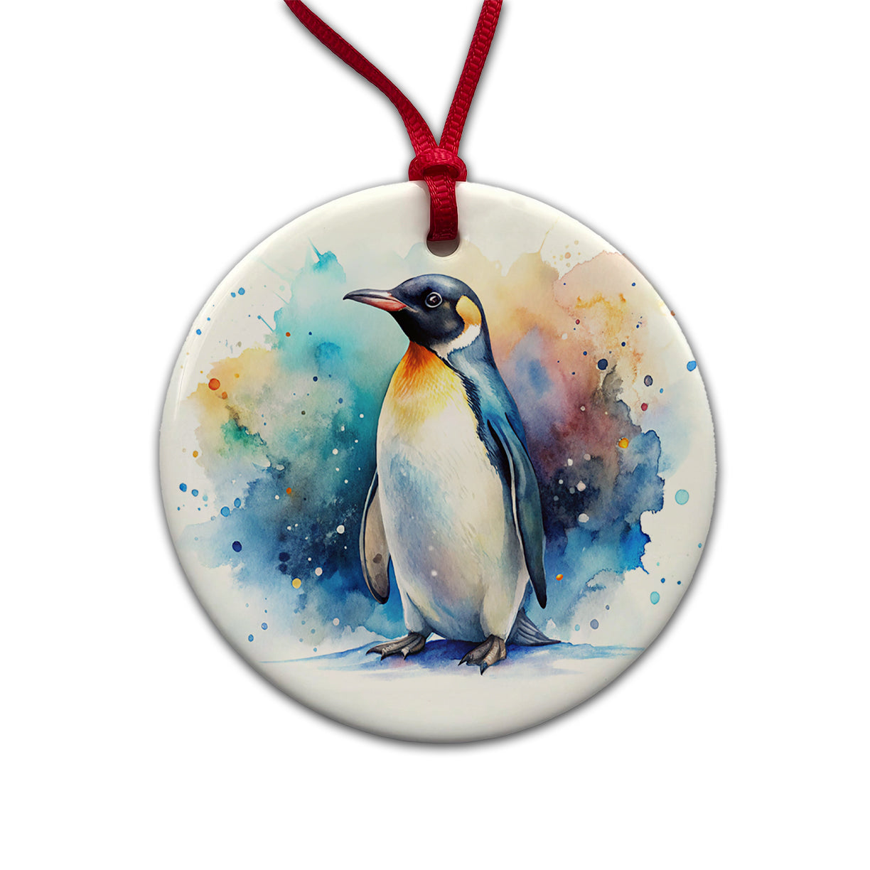 Penguin Watercolor Round Ceramic Holiday Christmas Tree Ornament