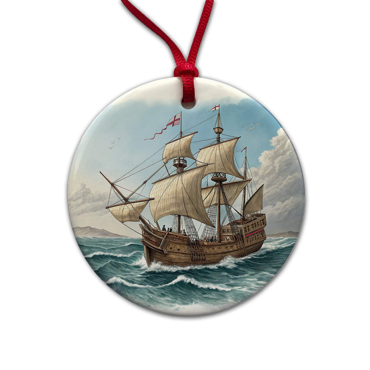 Pilgrim Mayflower 1620 Voyage Round Ceramic Holiday Christmas Tree Ornament