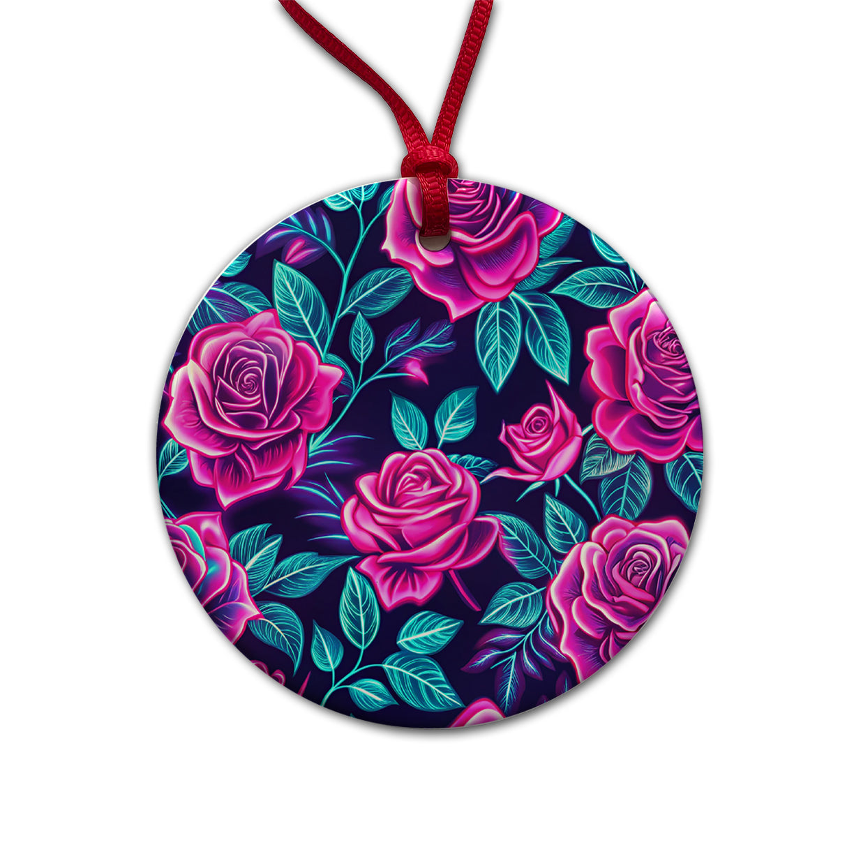 Pink Neon Rose Floral Pattern Round Ceramic Holiday Christmas Tree Ornament