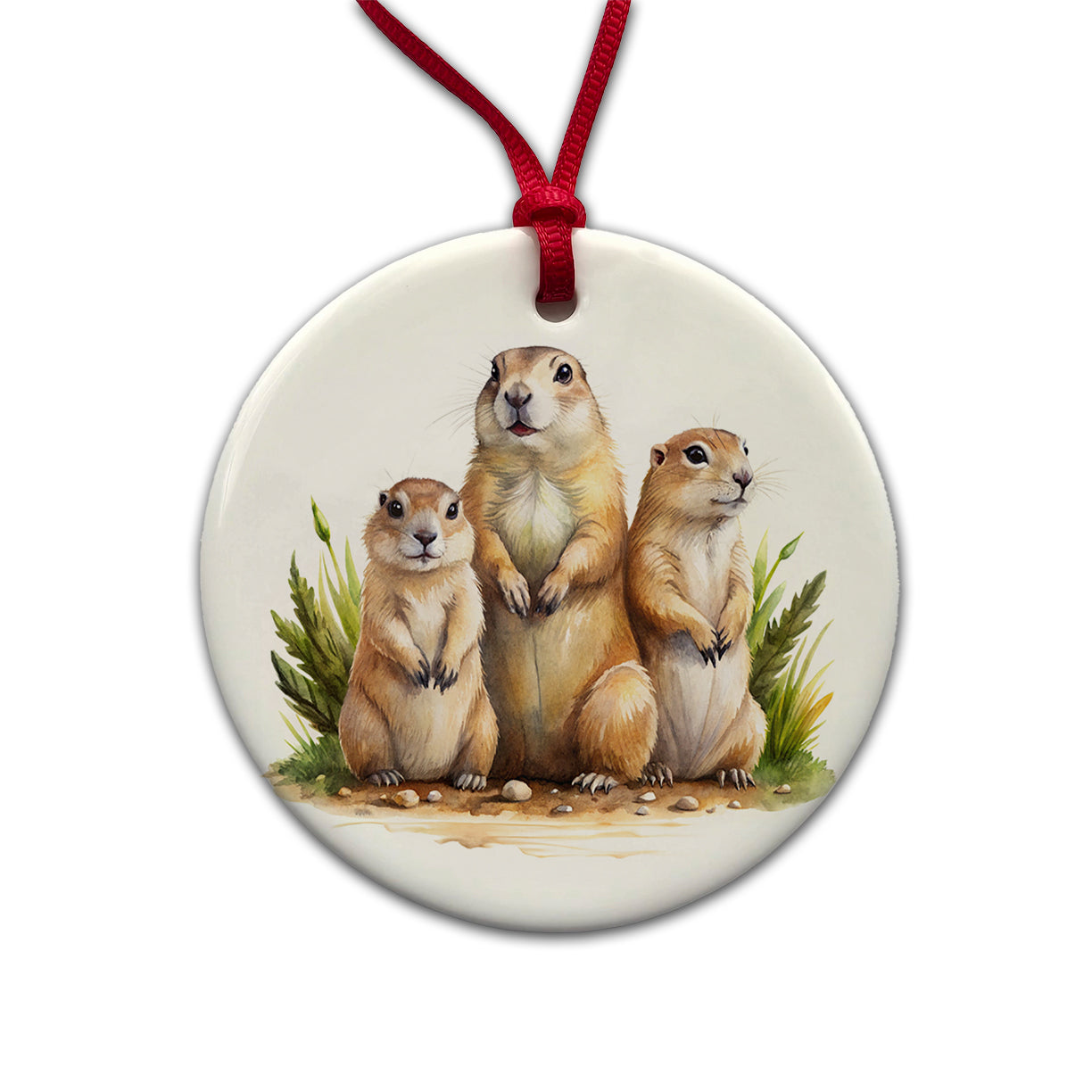Prairie Dog Family Watercolor Round Ceramic Holiday Christmas Tree Ornament