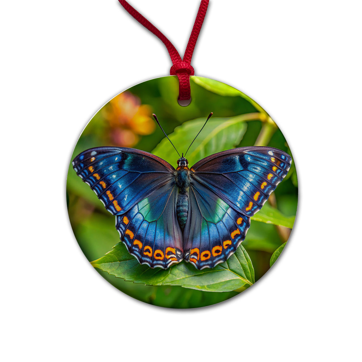 Pretty Blue Butterfly Round Ceramic Holiday Christmas Tree Ornament