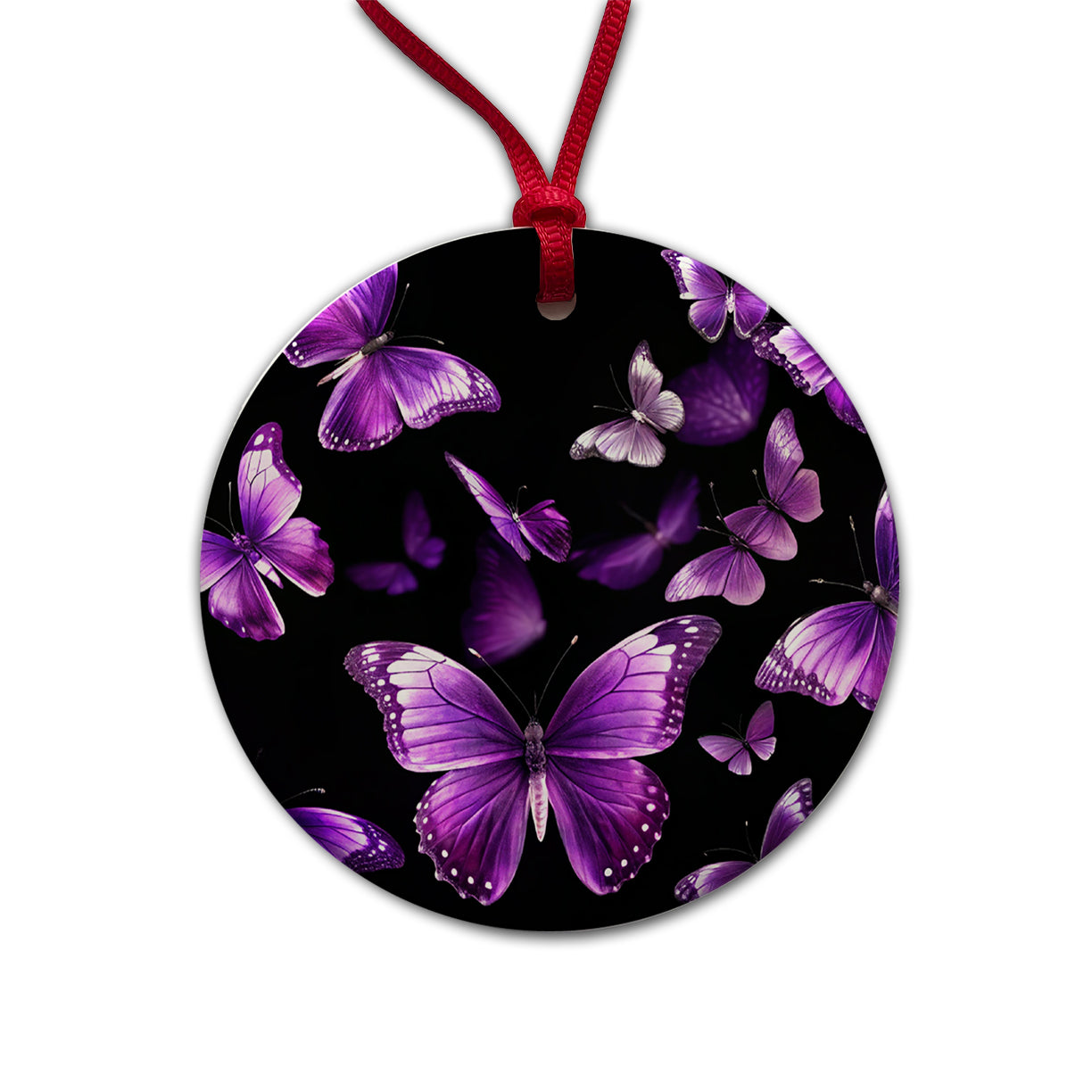 Purple Butterflies Flying Round Ceramic Holiday Christmas Tree Ornament