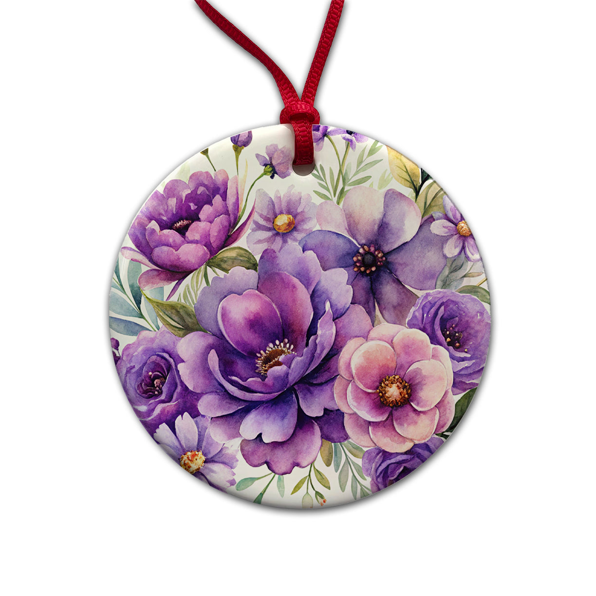 Purple Watercolor Flowers Round Ceramic Holiday Christmas Tree Ornament