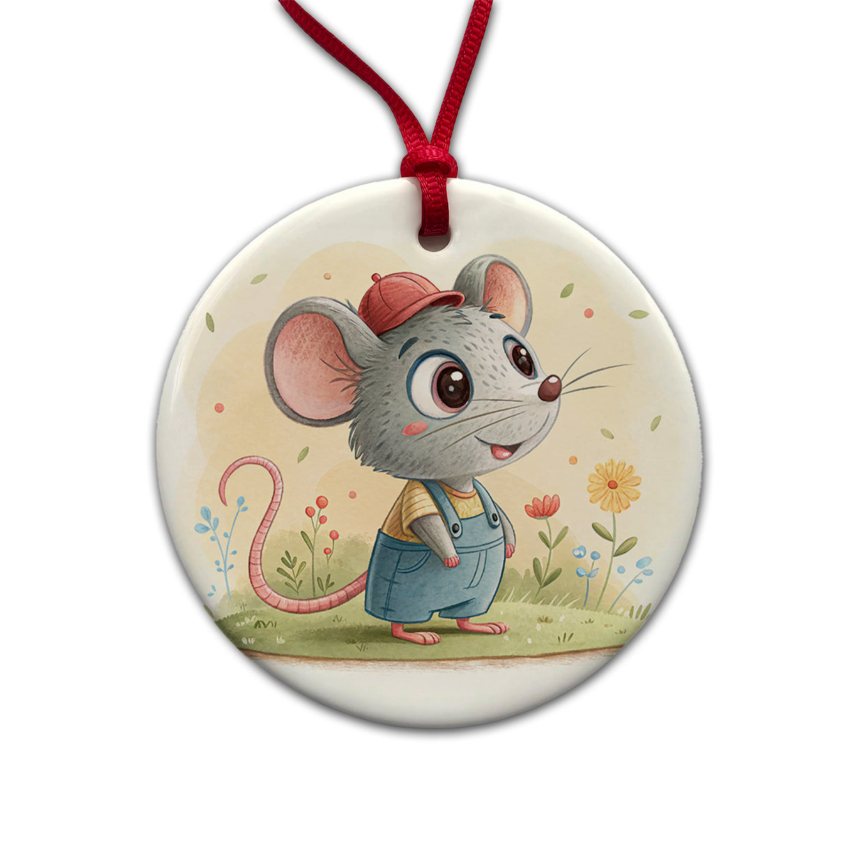 Rat Children's Illustration Style Round Ceramic Holiday Christmas Tree Ornament