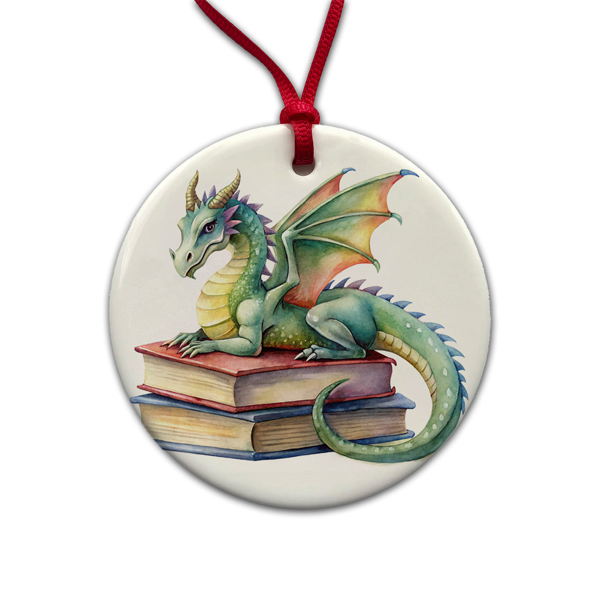 Reading Dragon Laying On Top Books Watercolor Round Ceramic Holiday Christmas Tree Ornament