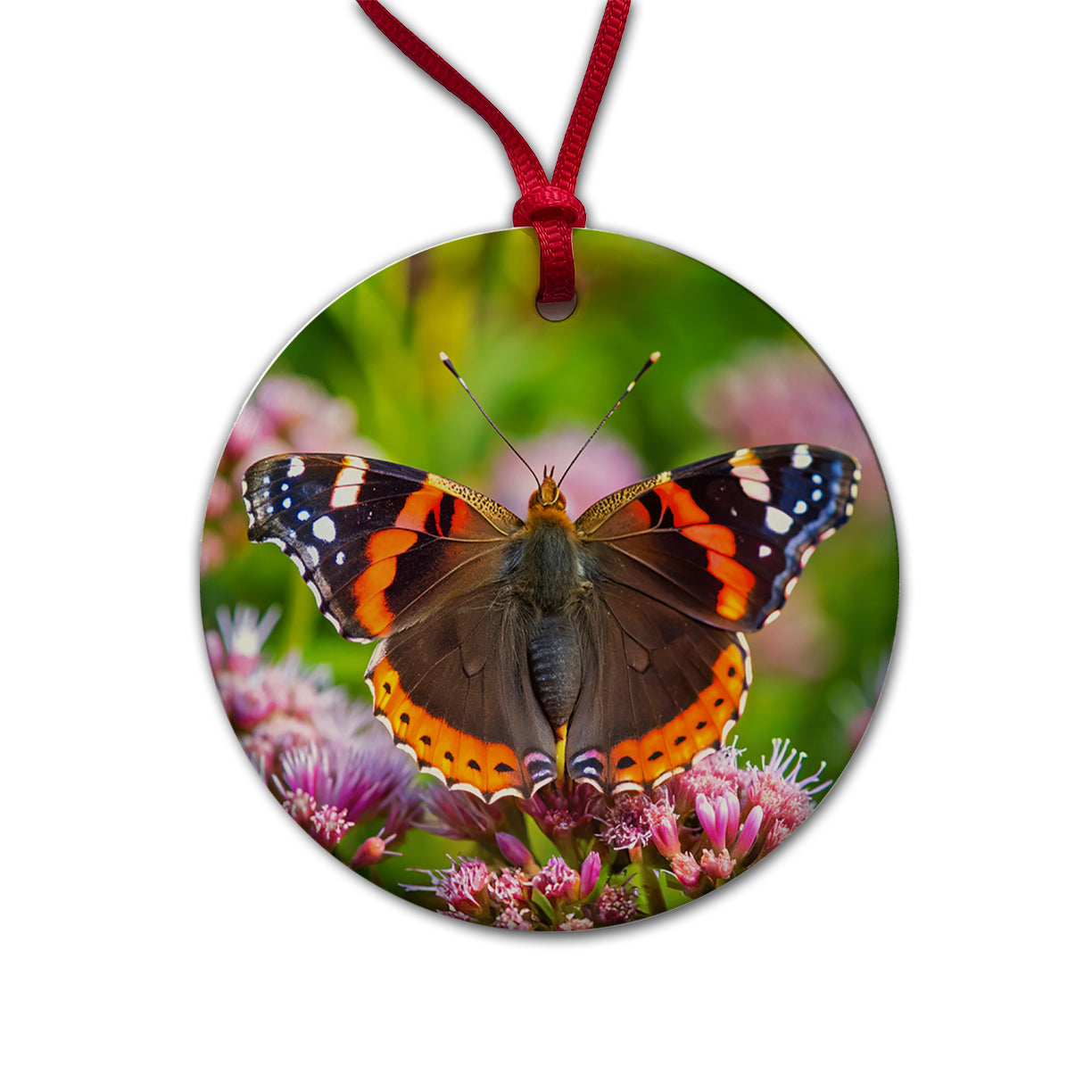 Red Admiral Butterfly Round Ceramic Holiday Christmas Tree Ornament