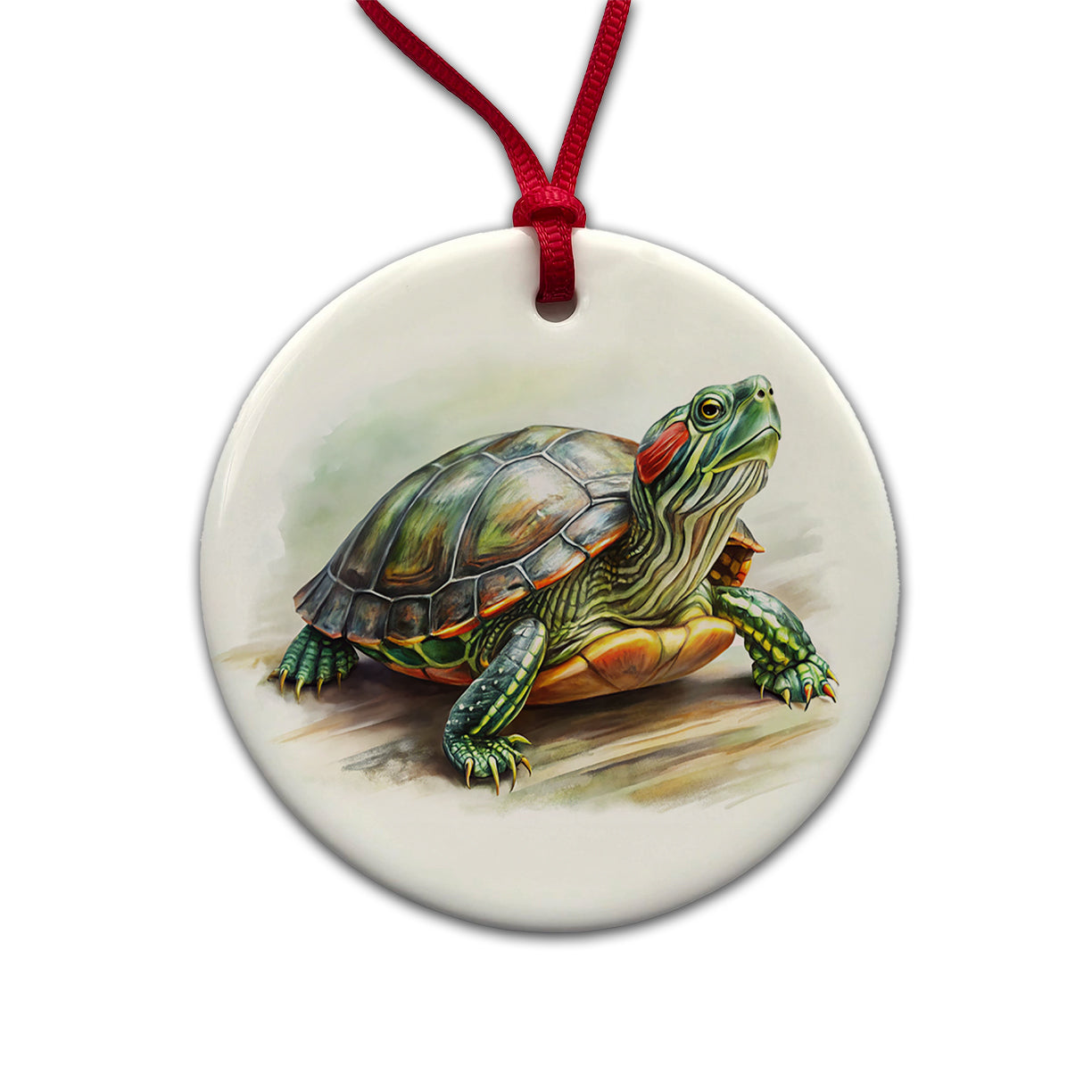 Red Eared Slider Turtle Watercolor Round Ceramic Holiday Christmas Tree Ornament