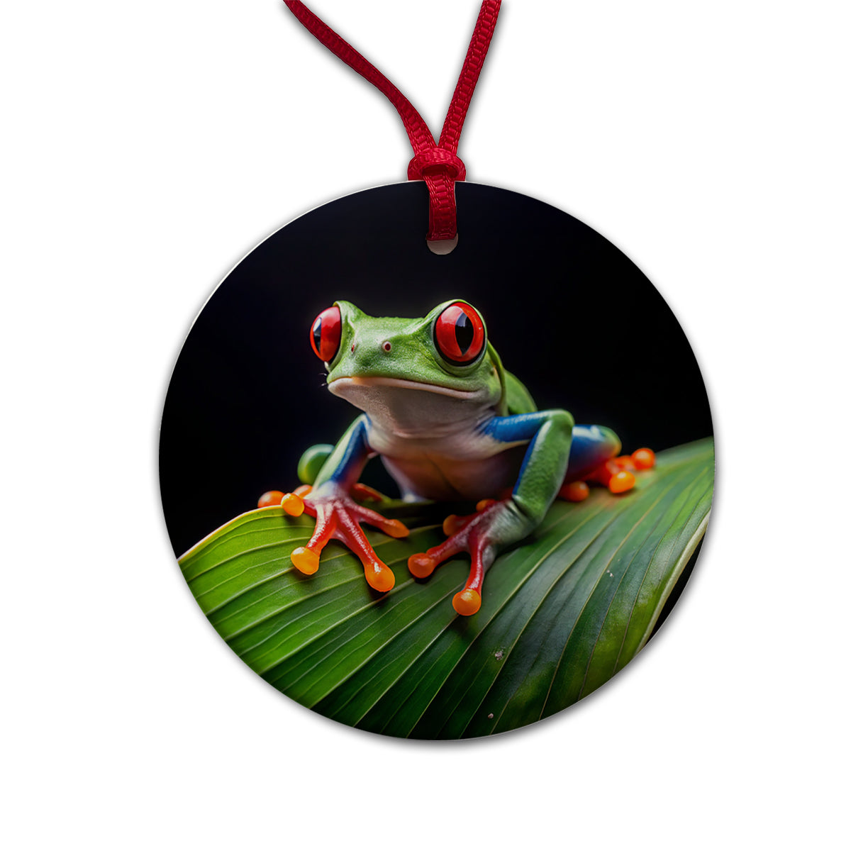 Red Eyed Tree Frog On Leaf Round Ceramic Holiday Christmas Tree Ornament