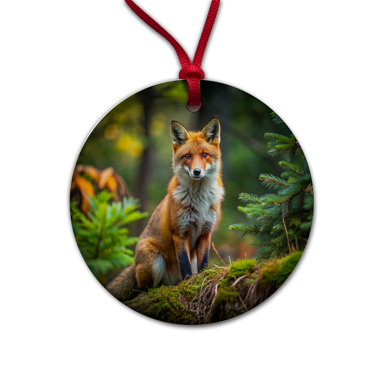 Red Fox In Forest Round Ceramic Holiday Christmas Tree Ornament