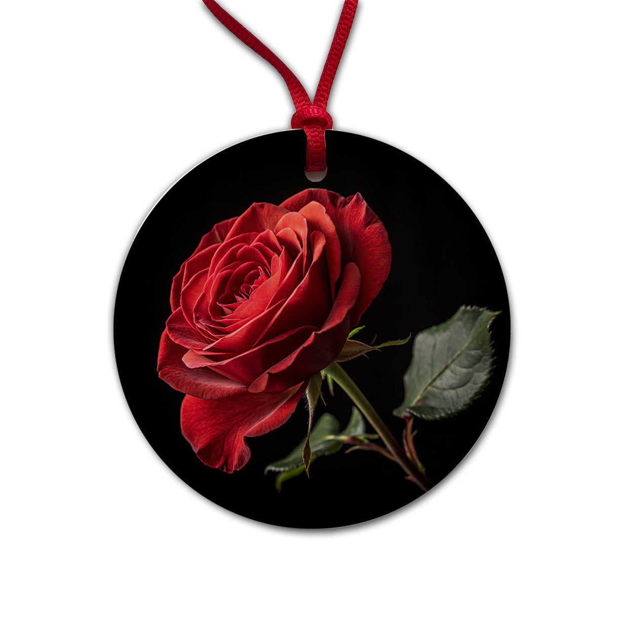 Red Rose On Black Background Round Ceramic Holiday Christmas Tree Ornament