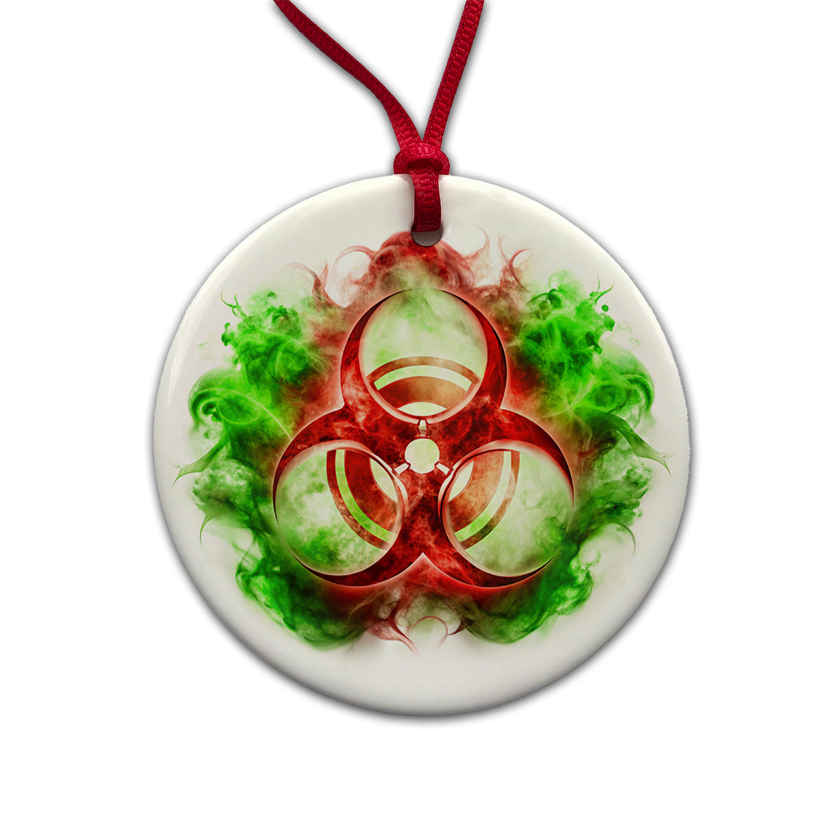 Red Zombie Outbreak Symbol With Green Toxic Gas Round Ceramic Holiday Christmas Tree Ornament