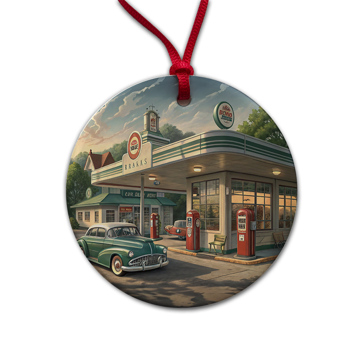 Retro Americana 1950's Main Street Gas Station Round Ceramic Holiday Christmas Tree Ornament