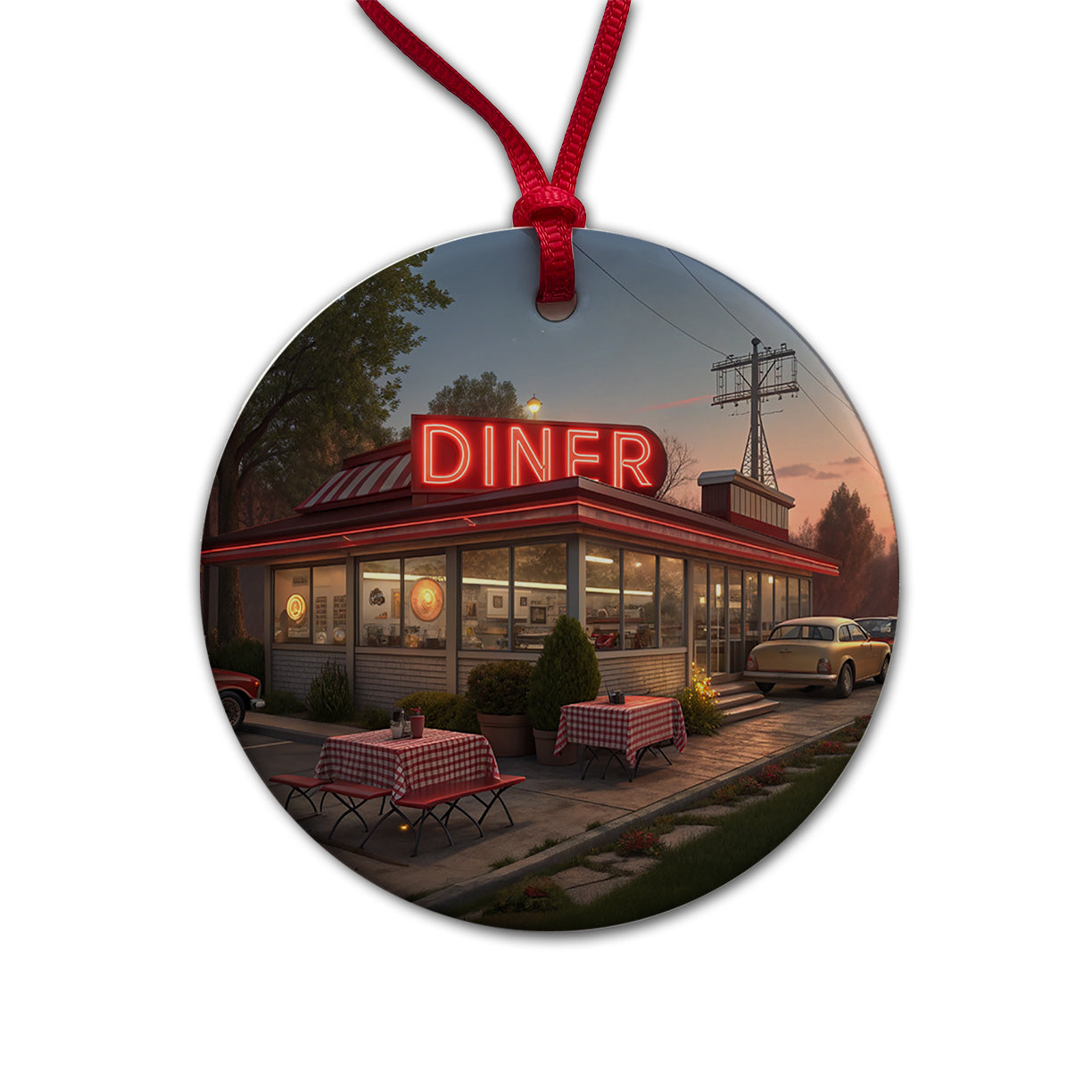 Retro Classic Roadside Dinner With Neon Sign Round Ceramic Holiday Christmas Tree Ornament