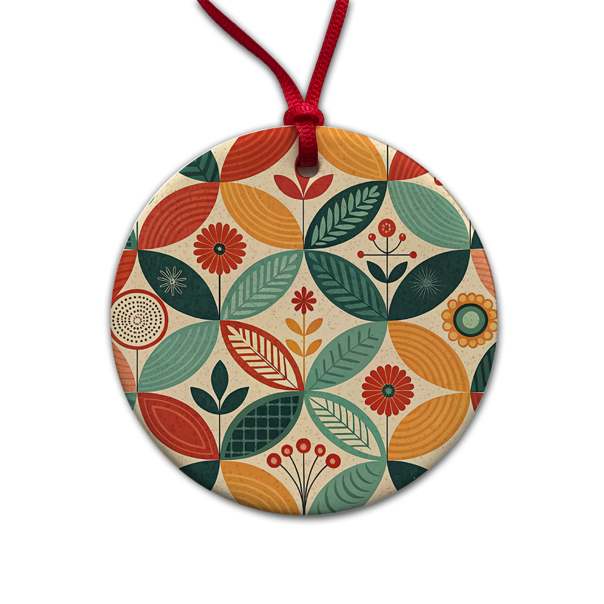 Retro Mid-Century Leaf Pattern Round Ceramic Holiday Christmas Tree Ornament