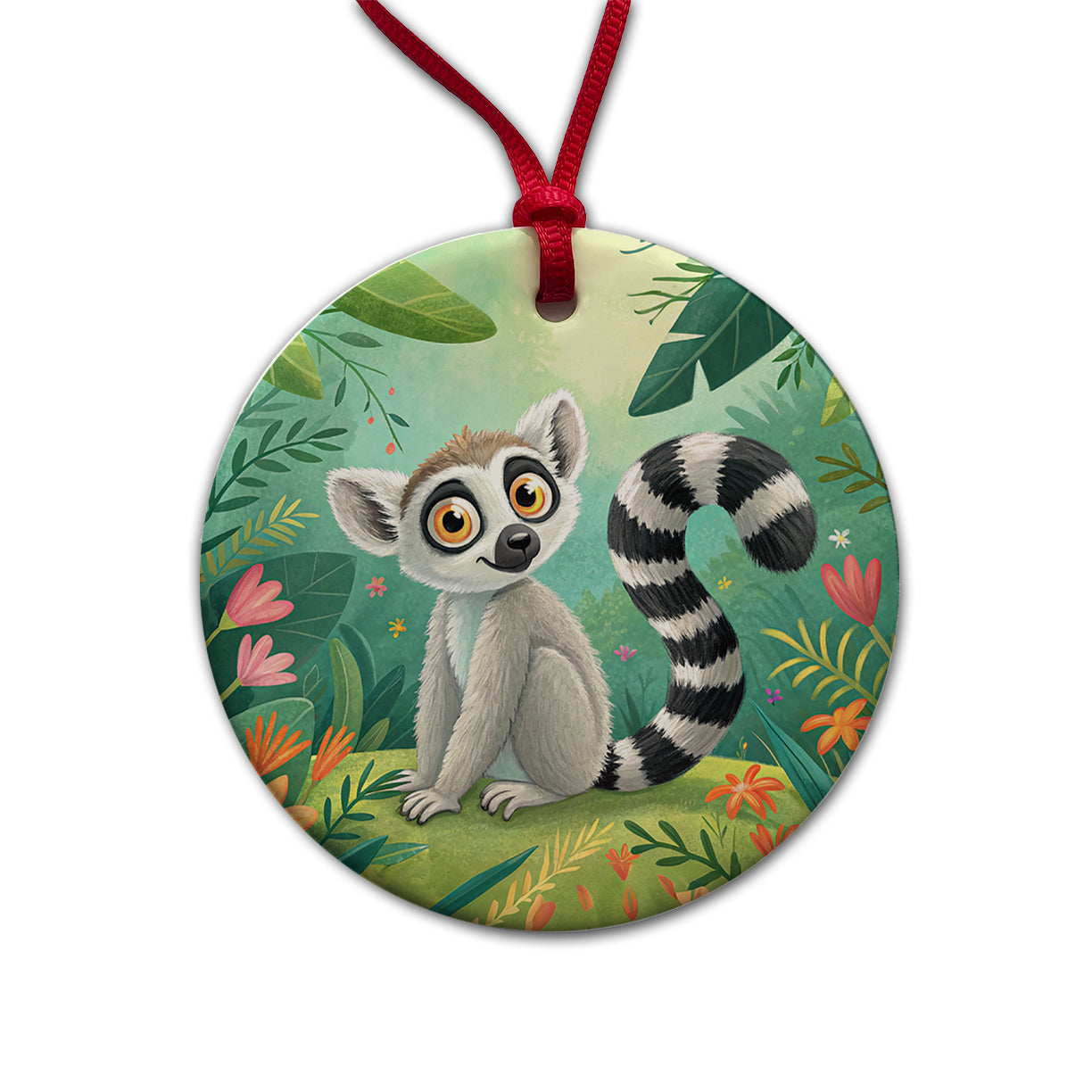 Ring-Tailed Lemur Children's Illustration Style Round Ceramic Holiday Christmas Tree Ornament