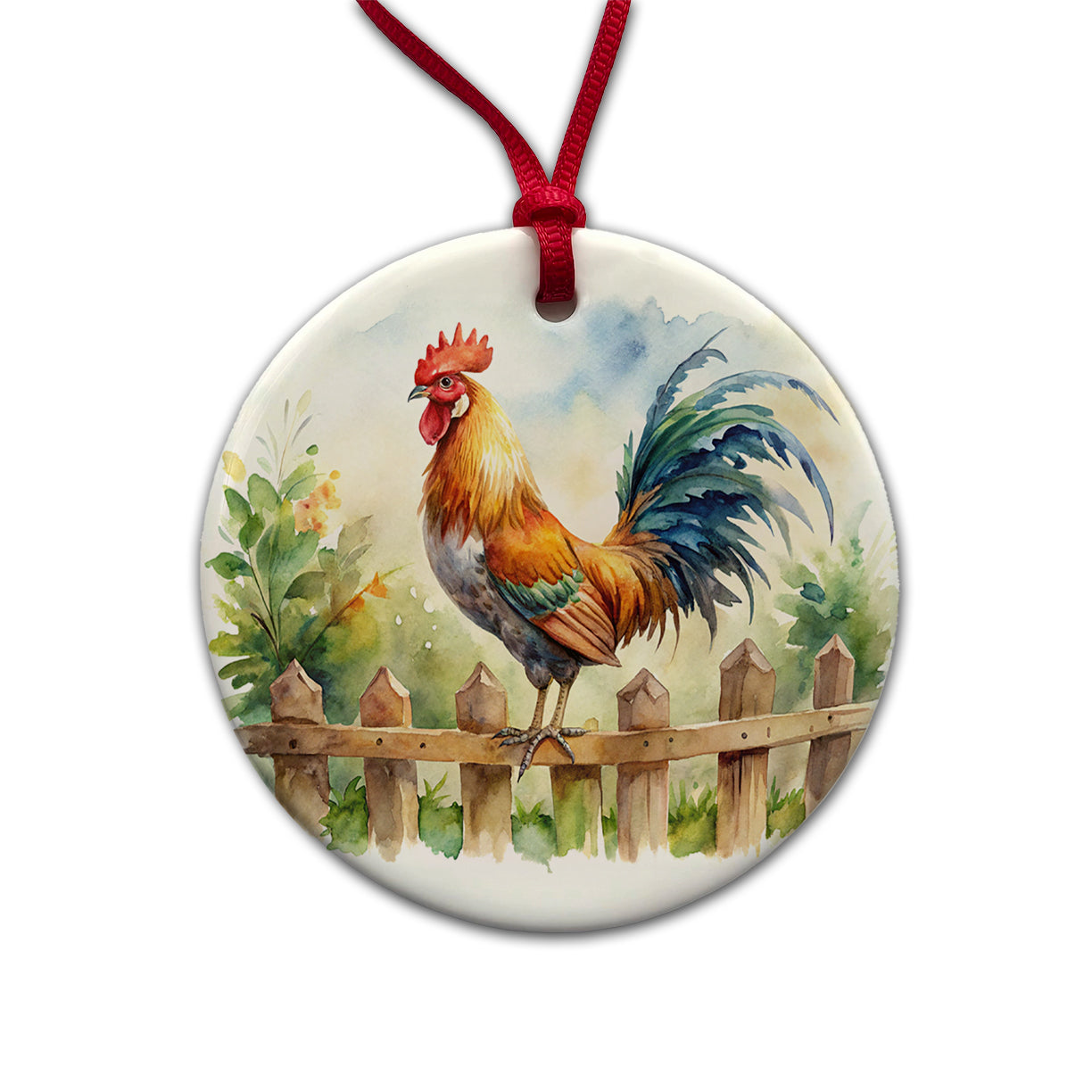 Rooster On Fence Watercolor Round Ceramic Holiday Christmas Tree Ornament