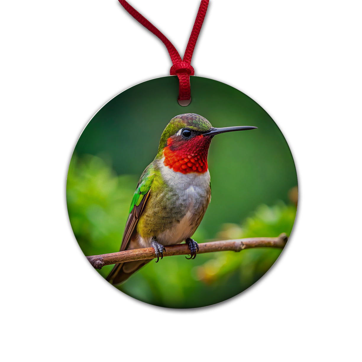 Ruby Throated Hummingbird Backyard Bird Round Ceramic Holiday Christmas Tree Ornament