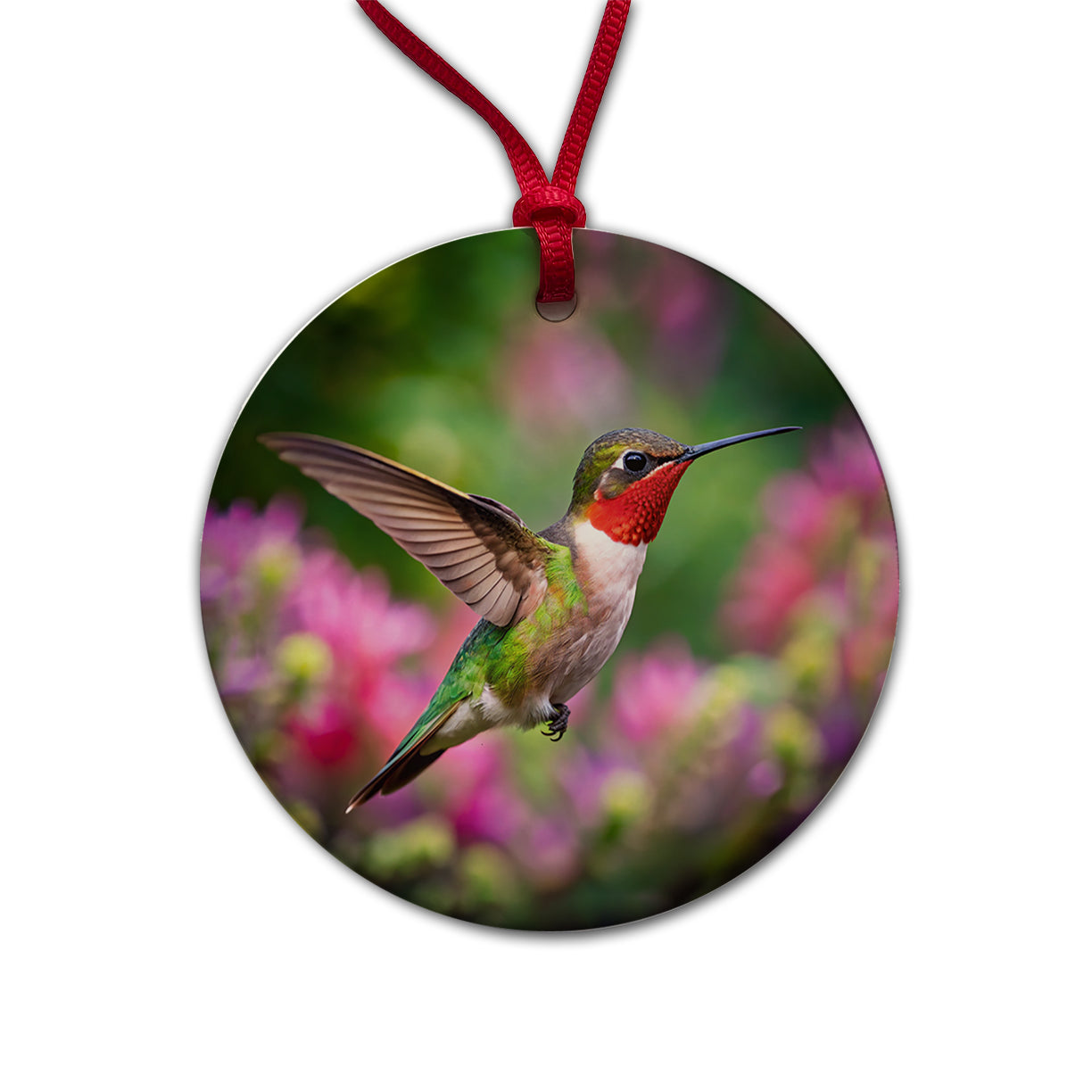 Ruby Throated Hummingbird Flying Backyard Bird Round Ceramic Holiday Christmas Tree Ornament