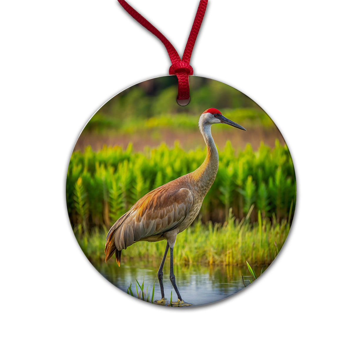 Sandhill Crane Round Ceramic Holiday Christmas Tree Ornament