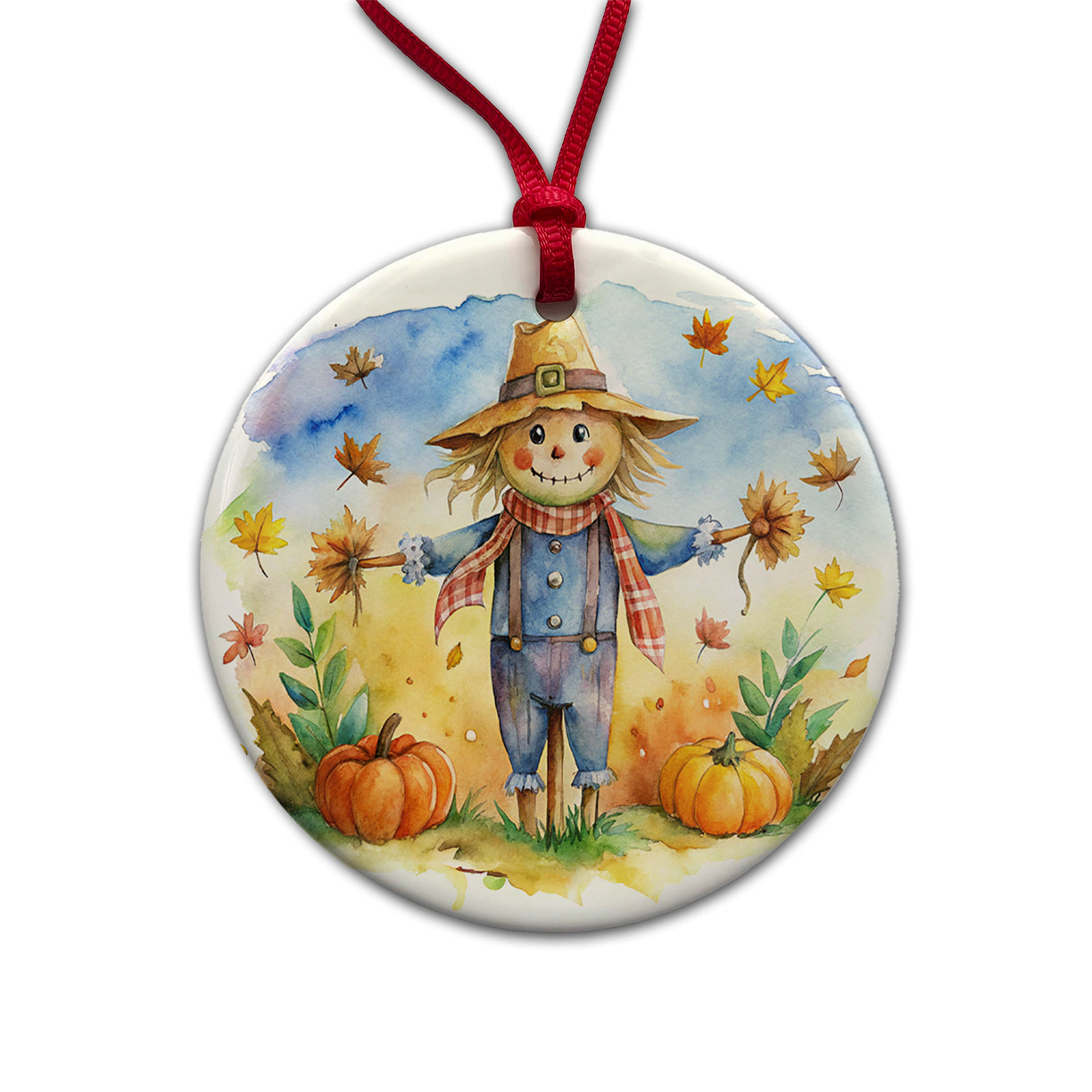 Scarecrow and Pumpkins Fall Watercolor Round Ceramic Holiday Christmas Tree Ornament