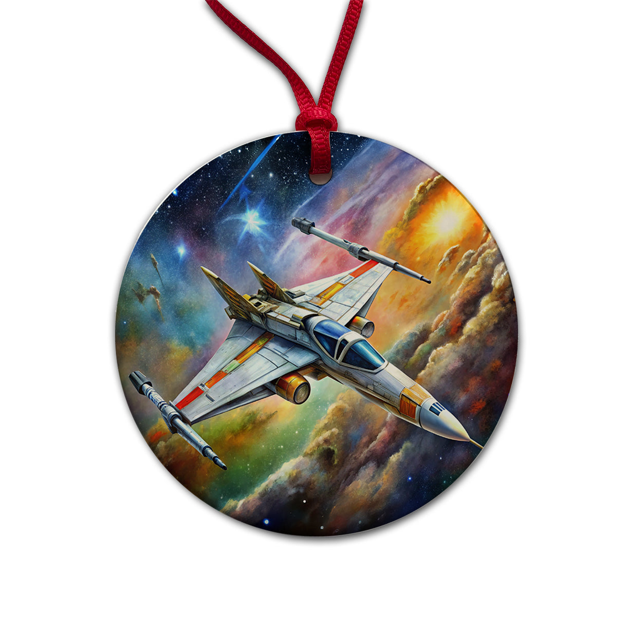 Sci-fi Starfighter Spaceship on Patrol Round Ceramic Holiday Christmas Tree Ornament
