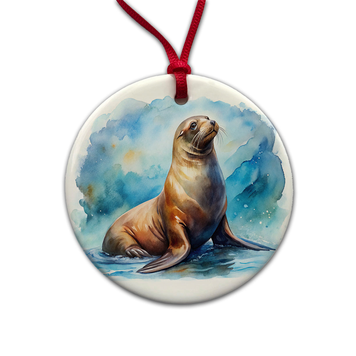 Sea Lion Watercolor Round Ceramic Holiday Christmas Tree Ornament