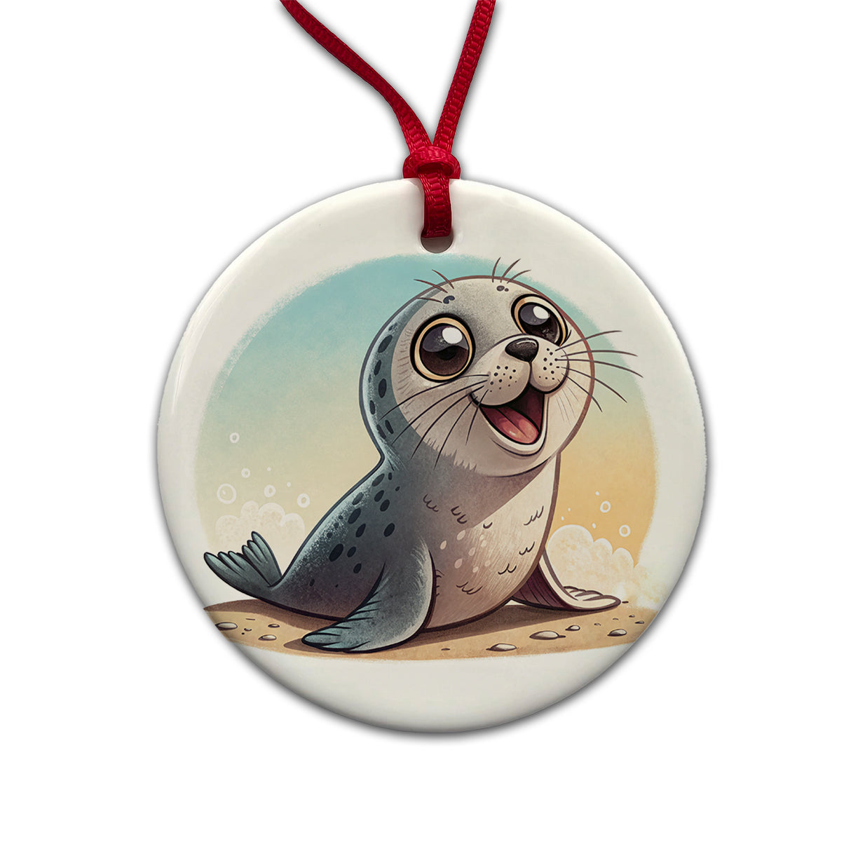 Seal Children's Illustration Style Round Ceramic Holiday Christmas Tree Ornament