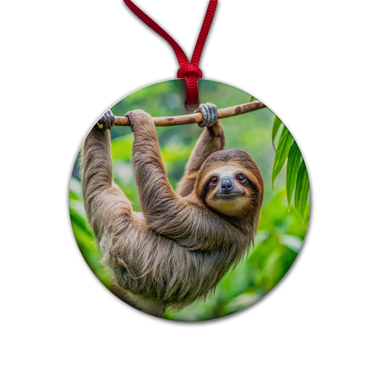 Sloth Hanging From Branch Round Ceramic Holiday Christmas Tree Ornament