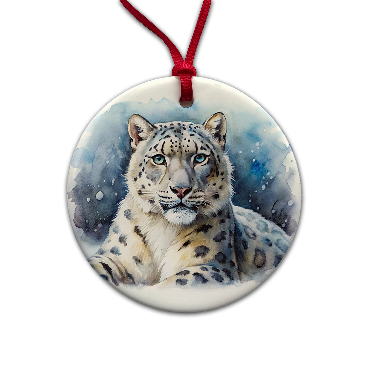 Snow Leopard Watercolor Round Ceramic Holiday Christmas Tree Ornament