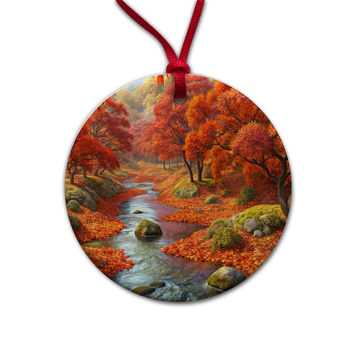 Stream and Trees in Fall Autumn Round Ceramic Holiday Christmas Tree Ornament