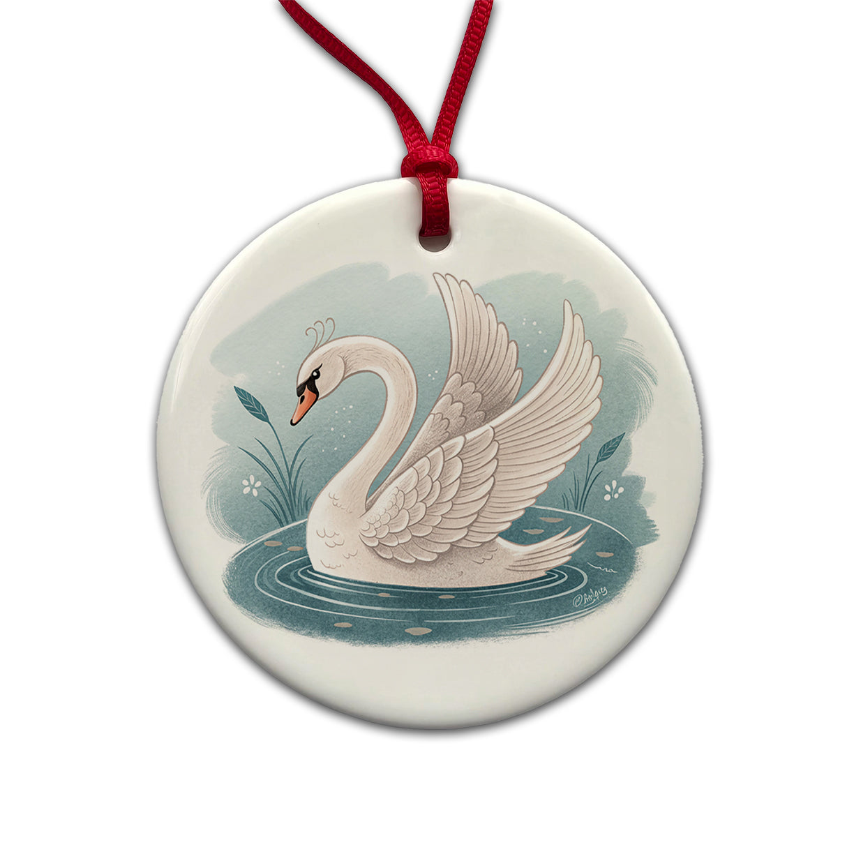 Swan Children's Illustration Style Round Ceramic Holiday Christmas Tree Ornament