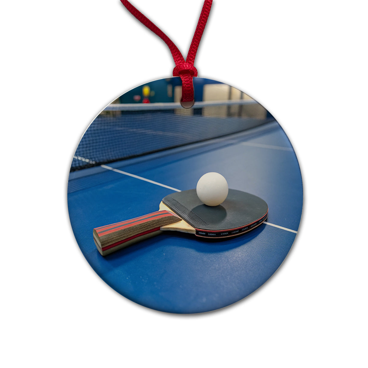 Table Tennis Ping Pong Paddle and Ball on Table Round Ceramic Holiday Christmas Tree Ornament