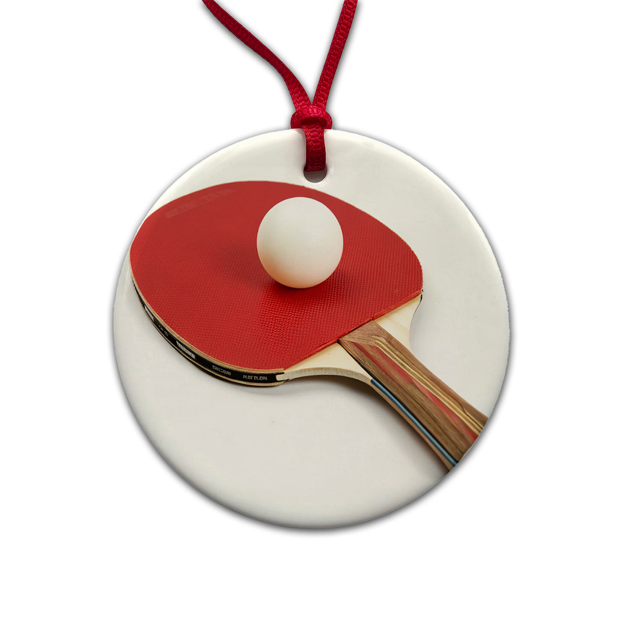 Table Tennis Ping Pong Paddle and Ball Round Ceramic Holiday Christmas Tree Ornament