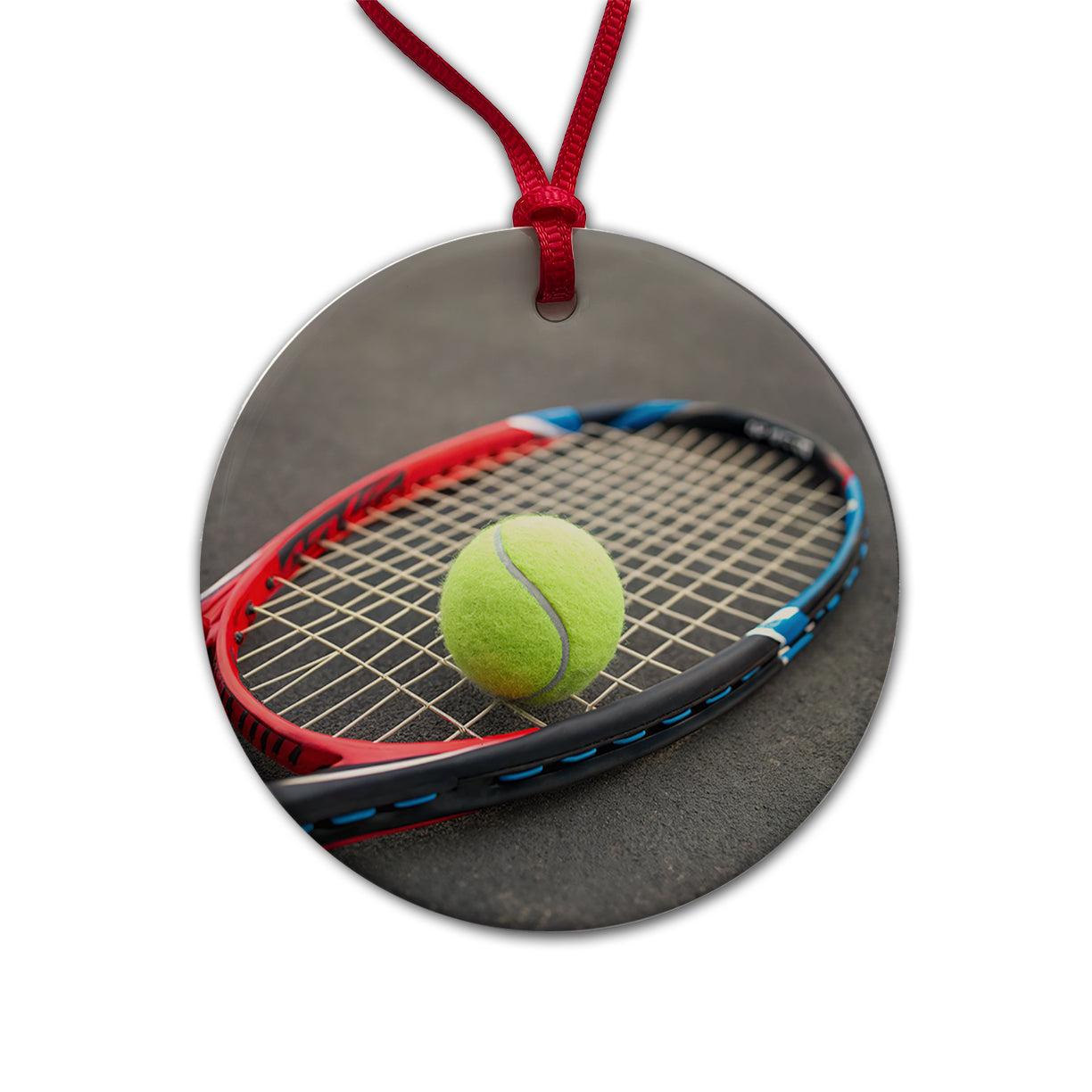 Tennis Racket and Ball Close-up Round Ceramic Holiday Christmas Tree Ornament