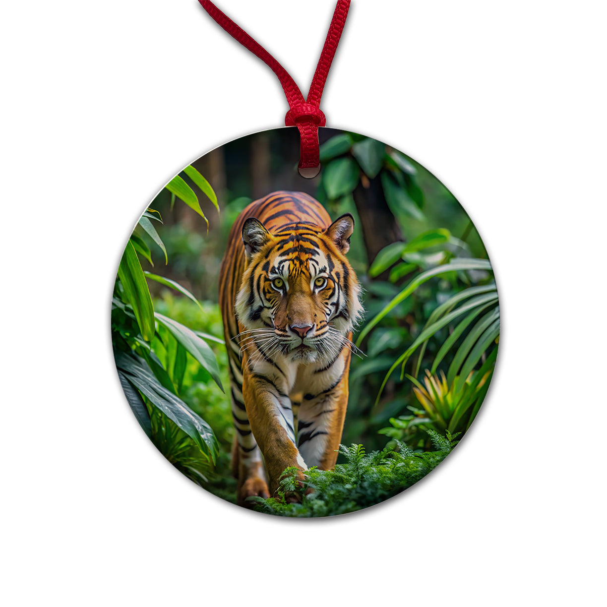 Tiger Stalking Prey In The Jungle Round Ceramic Holiday Christmas Tree Ornament