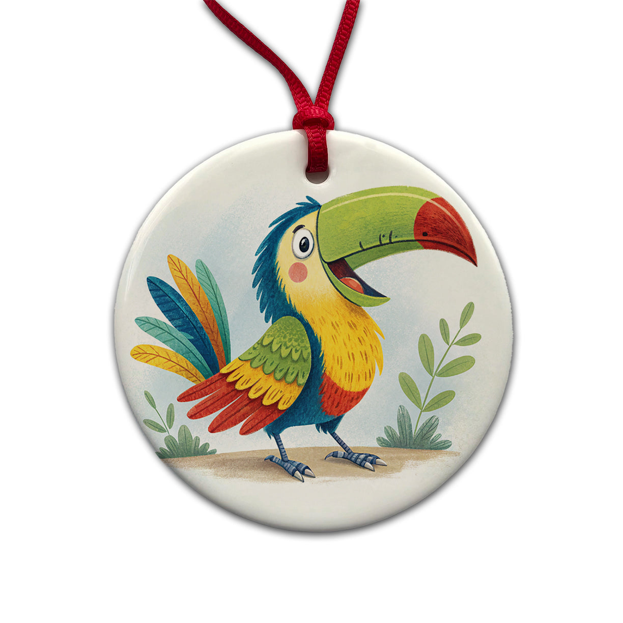 Toucan Bird Children's Illustration Style Round Ceramic Holiday Christmas Tree Ornament