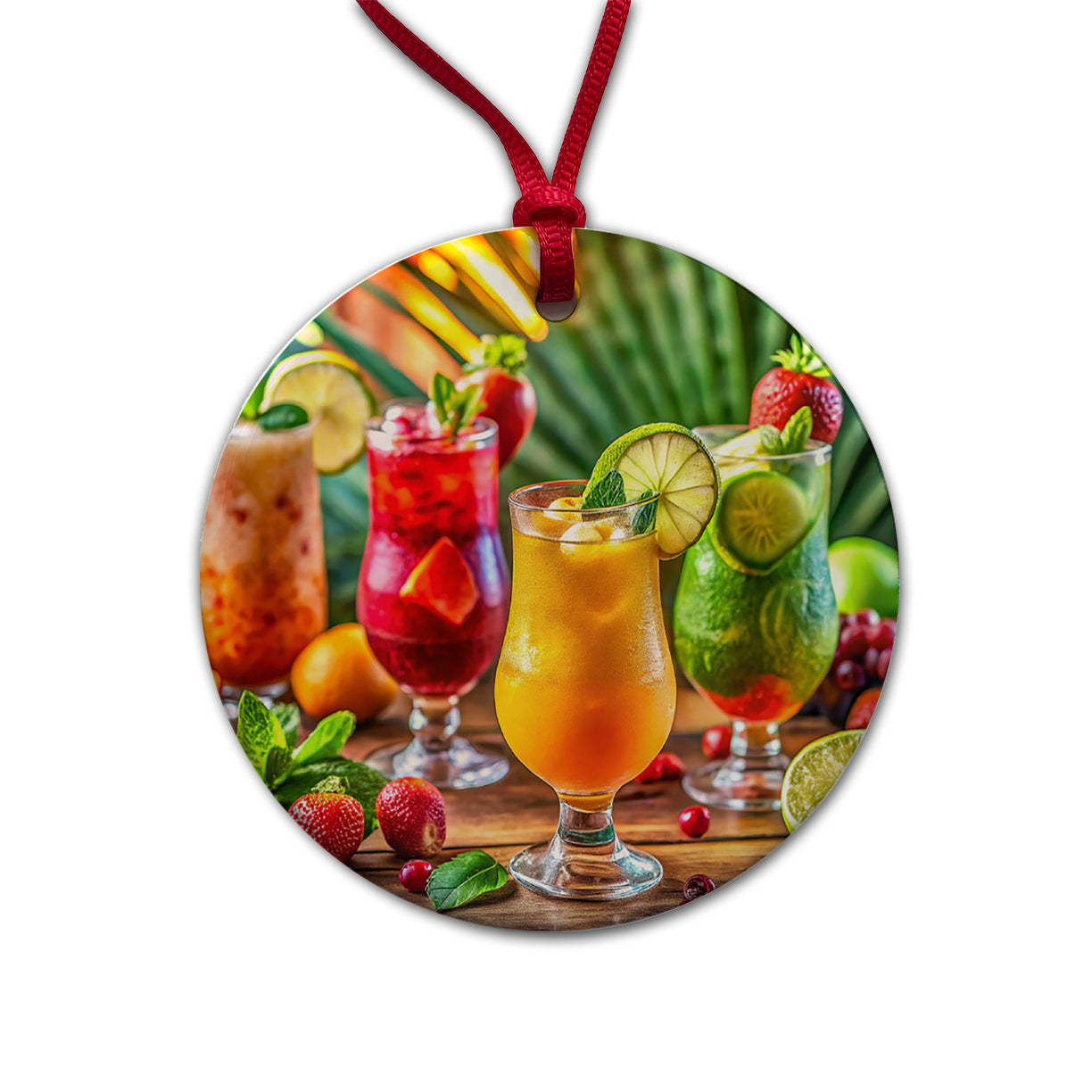 Tropical Colorful Fruity Drinks Round Ceramic Holiday Christmas Tree Ornament