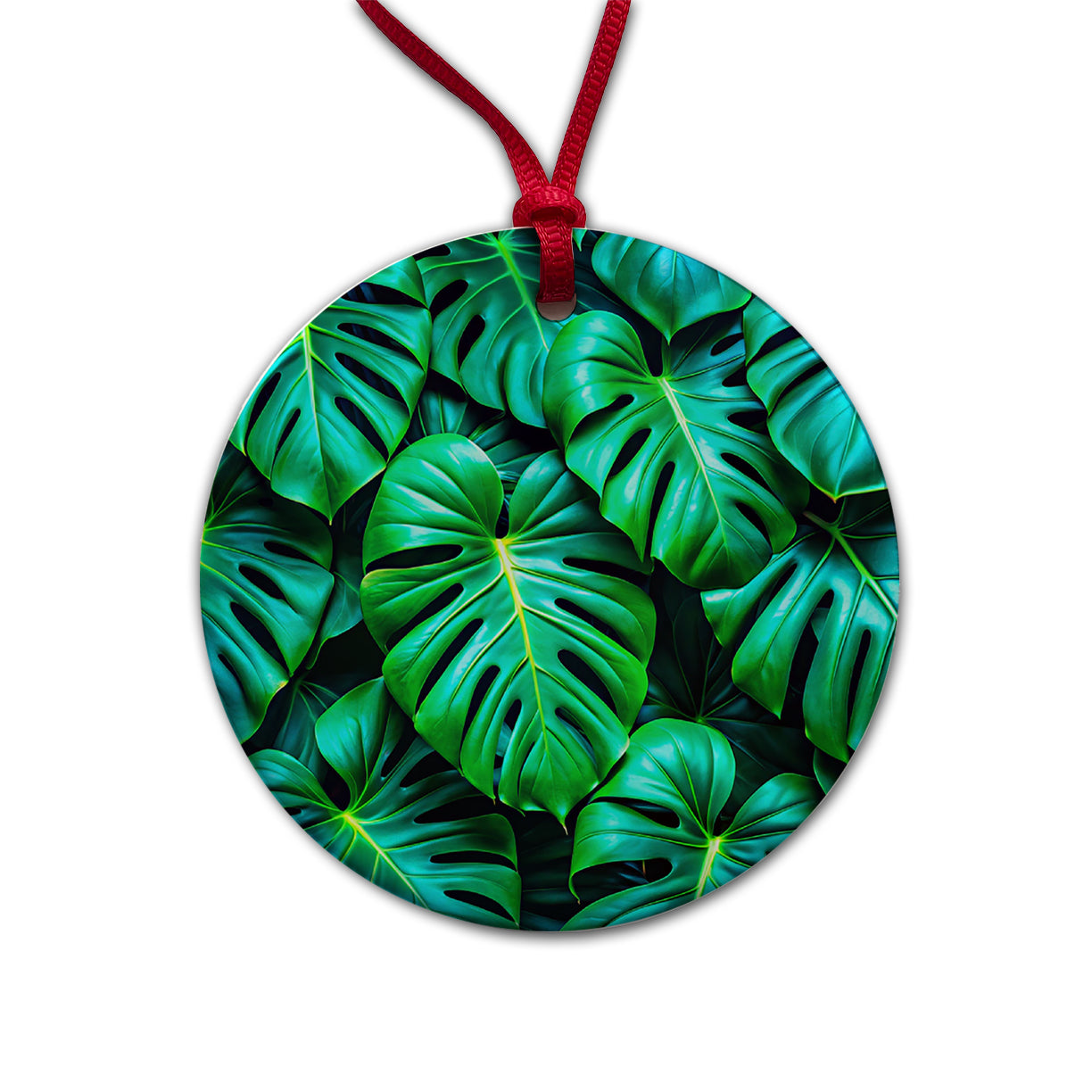 Vibrant Neon Green Monstera Leaves Round Ceramic Holiday Christmas Tree Ornament