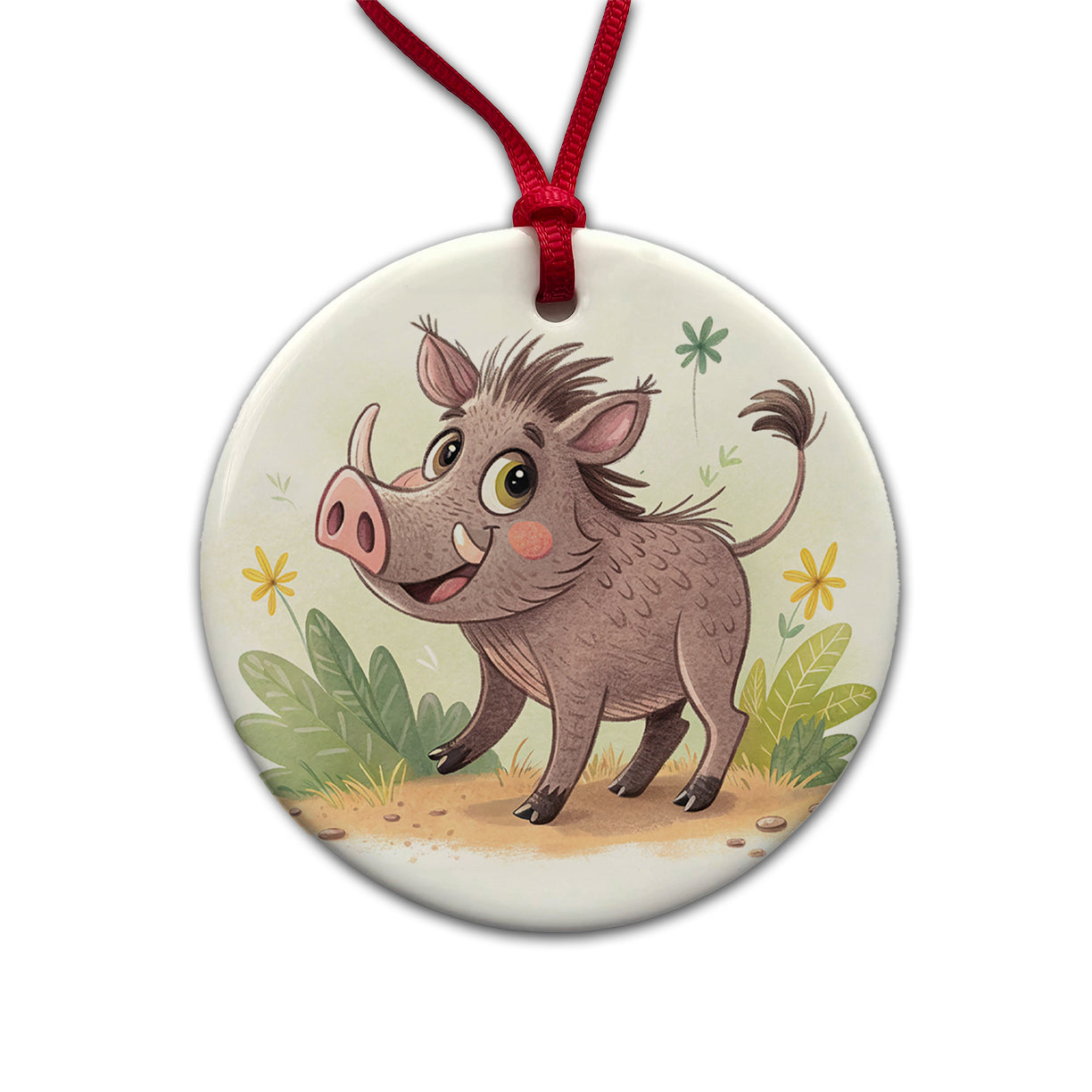 Warthog Children's Illustration Style Round Ceramic Holiday Christmas Tree Ornament