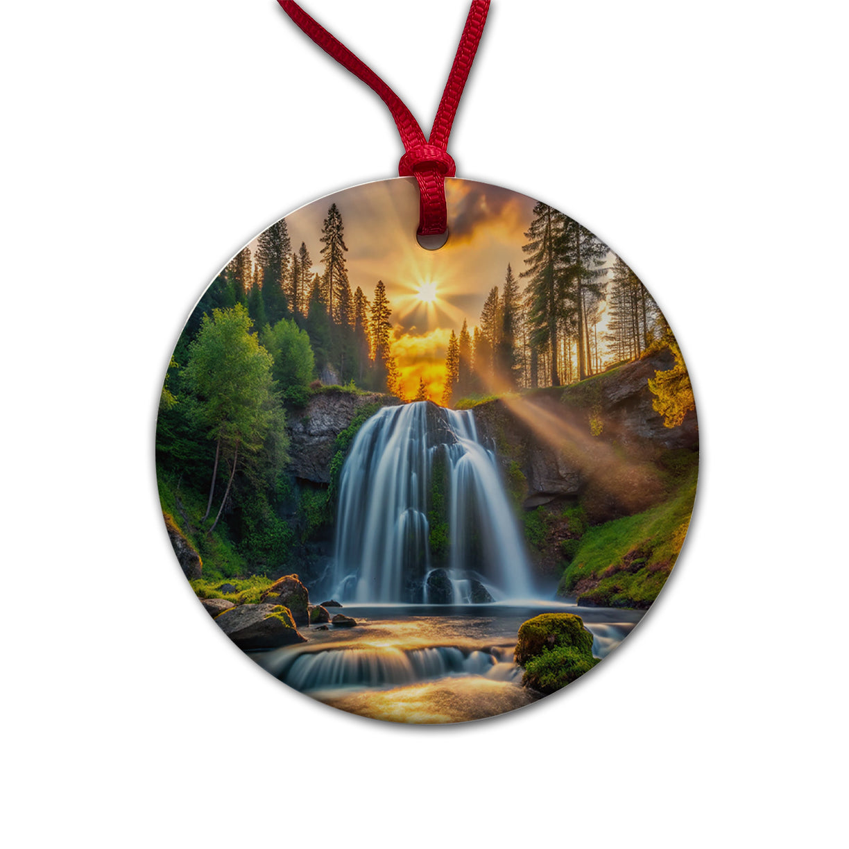 Waterfall In The Forest At Sunset Round Ceramic Holiday Christmas Tree Ornament