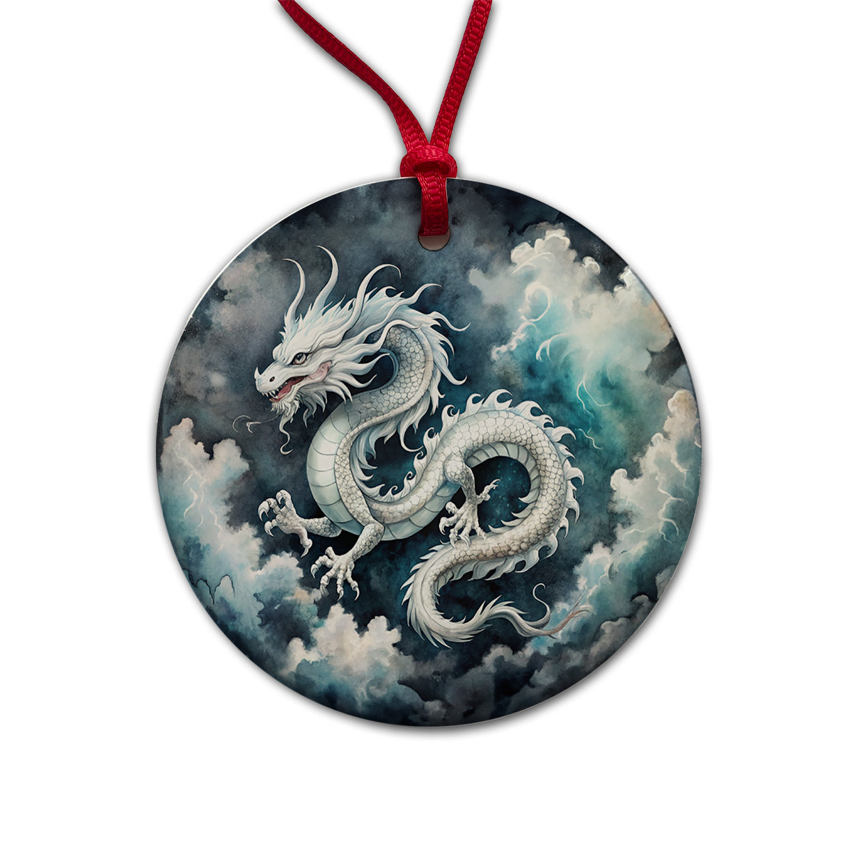 White Asian Dragon On Black Watercolor Round Ceramic Holiday Christmas Tree Ornament