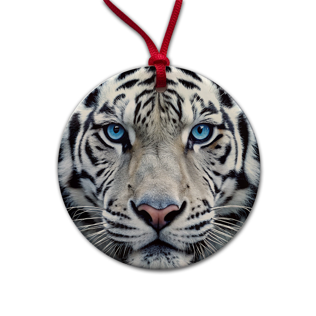 White Tiger Face Round Ceramic Holiday Christmas Tree Ornament