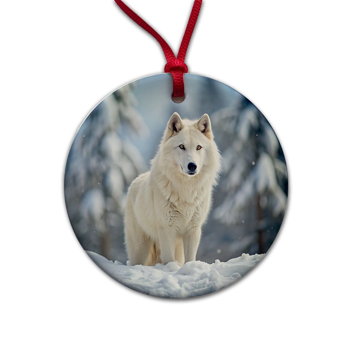 White Wolf In The Snow Round Ceramic Holiday Christmas Tree Ornament